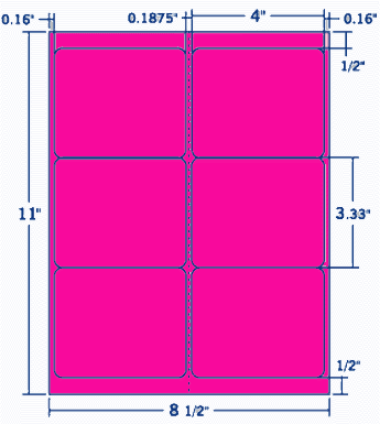 4" X 3.333" Laser/Inkjet Label-6 Per Sheet, 100 Sheets Per Pack, Fluorescent Pink, Permanent
