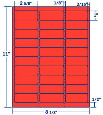 2.625" X 1" Laser/Inkjet Label-30 Per Sheet, 100 Sheets Per Pack, Fluorescent Red, Permanent