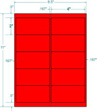 4" X 2" Laser/Inkjet Label-10 Per Sheet, 100 Sheets Per Pack, Fluorescent Red, Permanent