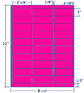 2.625" X 1" Laser/Inkjet Label-30 Per Sheet, 100 Sheets Per Pack, Fluorescent Pink, Permanent