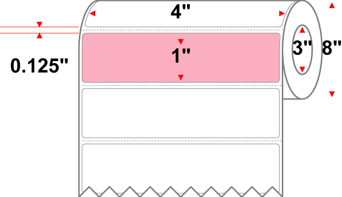 4 X 1 Premium Paper Thermal Transfer Label - Perforated - PMS 1767 Pink 1767 - 8" Roll - Permanent