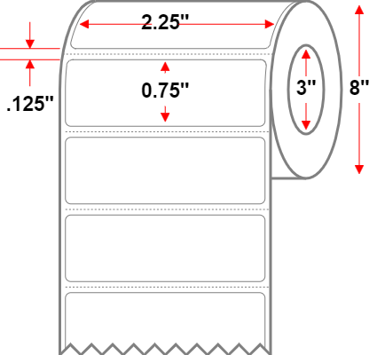 2.25 X 0.75 Premium Paper Thermal Transfer Label - Perforated - White - 8" Roll - Permanent