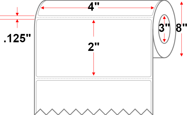 4 X 2 Polypropylene Thermal Transfer Label - Perforated - White - 8" Roll - Permanent