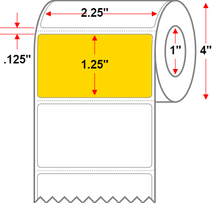 2.25 X 1.25 Premium Paper Direct Thermal Label - Perforated - Yellow Pantone Yellow - 4" Roll - Permanent