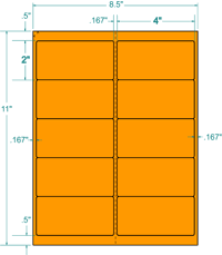 4" X 2" Laser/Inkjet Label-10 Per Sheet, 100 Sheets Per Pack, Fluorescent Orange, Permanent