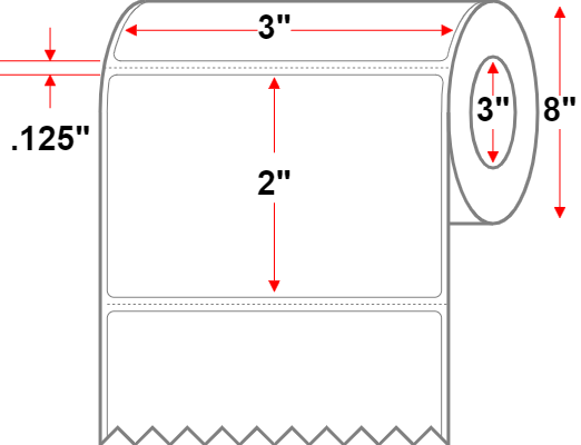 3 X 2 Economy Paper Thermal Transfer Label - No Perf - White - 8" Roll - Permanent