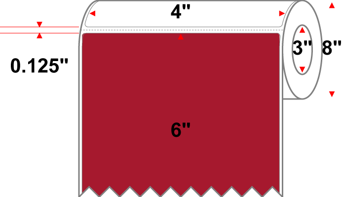 4 X 6 Premium Paper Direct Thermal Label - Perforated - PMS 187 Dark Red 187 - 8" Roll - Permanent
