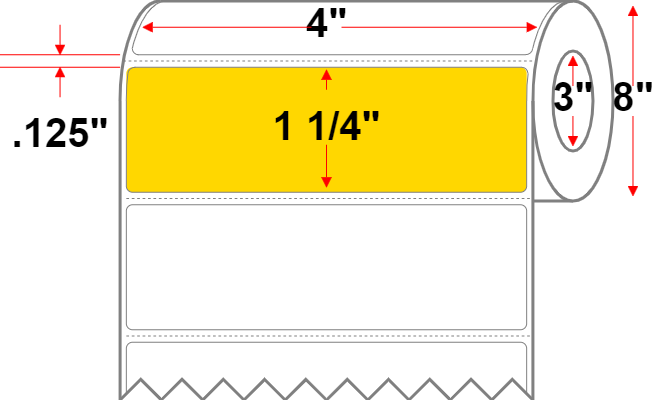 4 X 1.25 Premium Paper Direct Thermal Label - Perforated - Yellow Pantone Yellow - 8" Roll - Permanent
