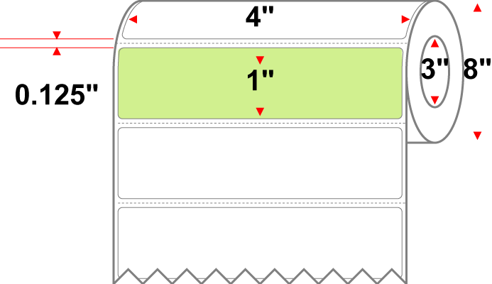 4 X 1 Premium Paper Direct Thermal Label - Perforated - PMS 372 Light Yellow/Green 372 - 8" Roll - Permanent
