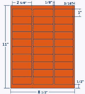 2.625" X 1" Laser/Inkjet Label-30 Per Sheet, 100 Sheets Per Pack, Fluorescent Orange, Permanent