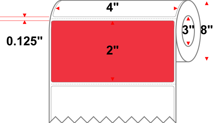 4 X 2 Premium Paper Thermal Transfer Label - Perforated - PMS 032 Red 32 - 8" Roll - Permanent