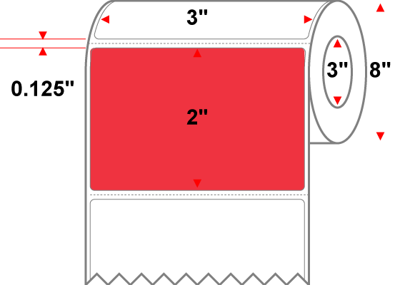 3 X 2 Premium Paper Thermal Transfer Label - Perforated - PMS 032 Red 32 - 8" Roll - Permanent