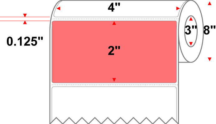 4 X 2 Premium Paper Thermal Transfer Label - Perforated - Fluorescent Red 805 - 8" Roll - Permanent