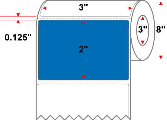 3 X 2 Premium Paper Direct Thermal Label - Perforated - PMS 300 Blue 300 - 8" Roll - Permanent
