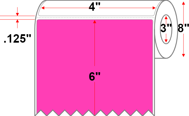 4 X 6 Premium Paper Thermal Transfer Label - Perforated - FL Pink 806 - 8" Roll - Permanent