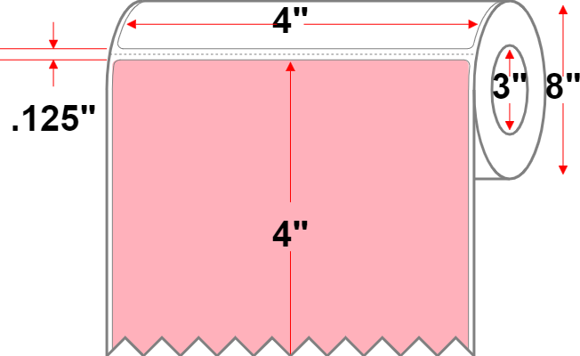 4 X 4 Premium Paper Thermal Transfer Label - Perforated - Pink 176 - 8" Roll - Permanent