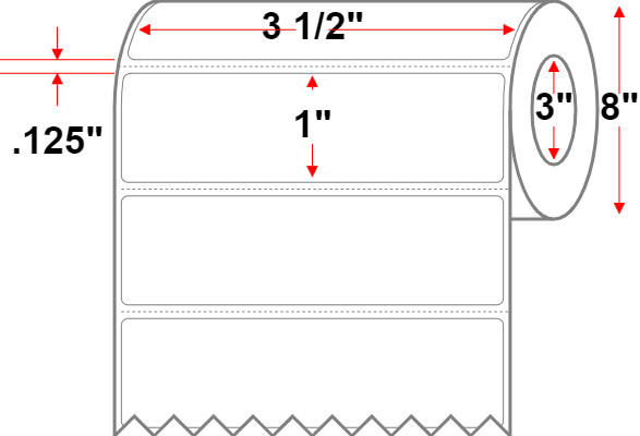 3.5 X 1 Premium Paper Direct Thermal Label - Perforated - White - 8" Roll - Permanent