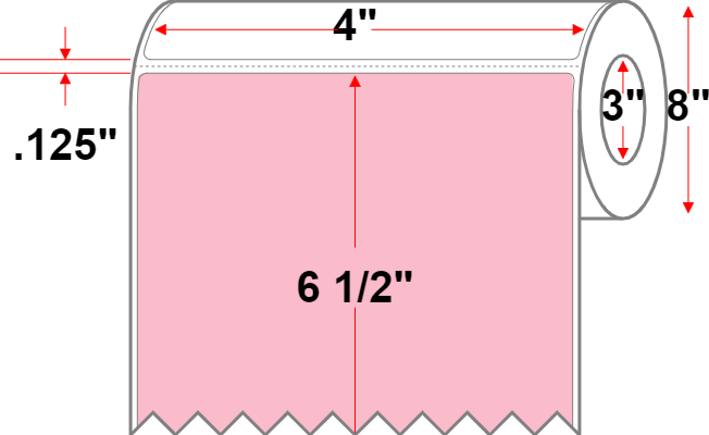 4 X 6.5 Premium Paper Thermal Transfer Label - Perforated - Pastel Pink 182 - 8" Roll - Permanent