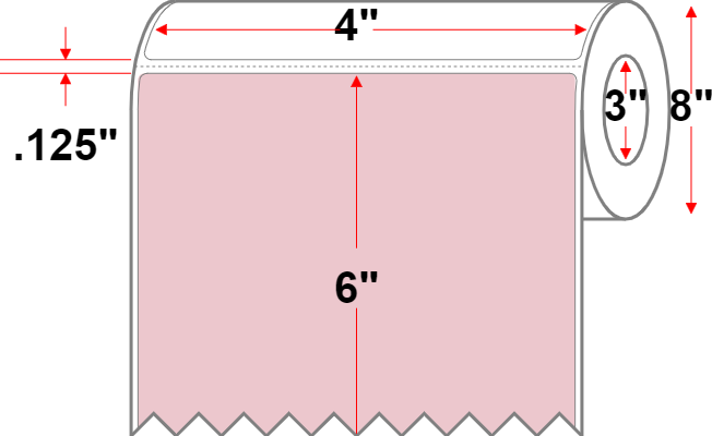 4 X 6 Premium Paper Direct Thermal Label - Perforated - Pink 196 - 8" Roll - Permanent