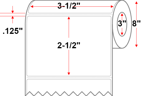 3.5 X 2.5 Premium Paper Thermal Transfer Label - Perforated - White - 8" Roll - Permanent