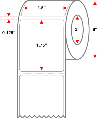 1.5 X 0.75 Premium Paper Thermal Transfer Label - Perforated - White - 8" Roll - Permanent