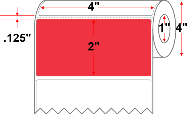 4 X 2 Premium Paper Direct Thermal Label - Perforated - Red 32 - 4" Roll - Permanent