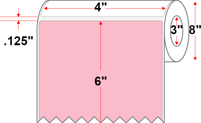 4 X 6 Economy Paper Direct Thermal Label - Perforated - Pastel Pink 182 - 8" Roll - Permanent