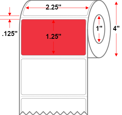 2.25 X 1.25 Premium Paper Direct Thermal Label - Perforated - Red 32 - 4" Roll - Permanent