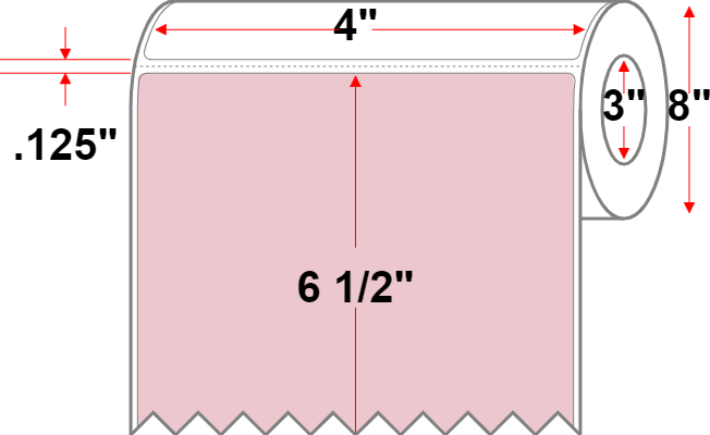4 X 6.5 Premium Paper Thermal Transfer Label - Perforated - Pastel Pink 196 - 8" Roll - Permanent