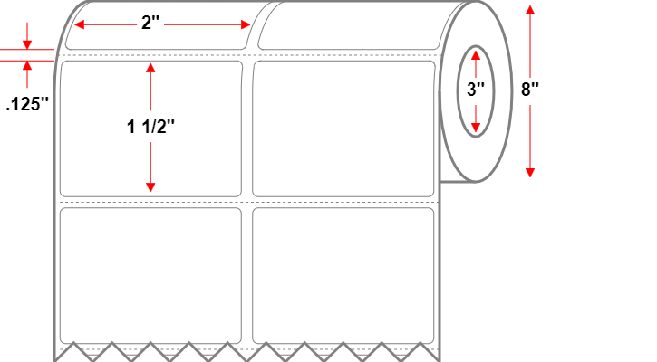 2 X 1.5 Economy Paper 2 Across - Thermal Transfer Label - Perforated - White - 8" Roll - Permanent