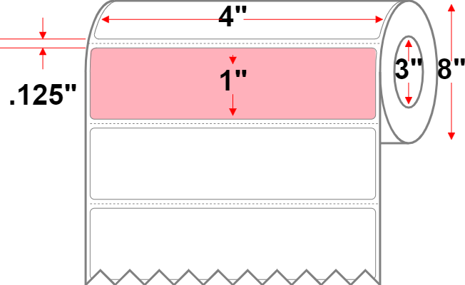 4 X 1 Premium Paper Thermal Transfer Label - Perforated - Pink 176 - 8" Roll - Permanent