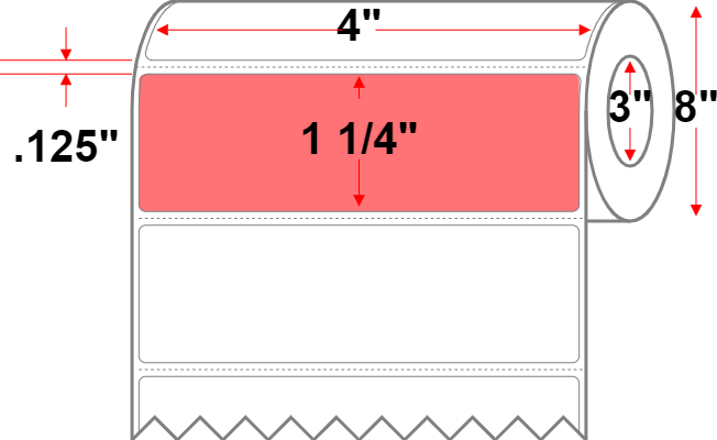 4 X 1.25 Premium Paper Direct Thermal Label - Perforated - FL Red 805 - 8" Roll - Permanent