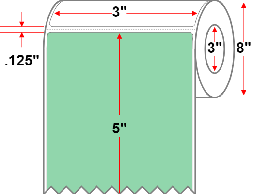 3 X 5 Premium Paper Direct Thermal Label - Perforated - Green 345 - 8" Roll - Permanent
