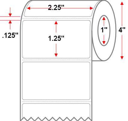 2.25 X 1.25 Economy Paper Direct Thermal Label - Perforated - White - 4" Roll - Permanent