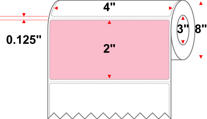 4 X 2 Premium Paper Thermal Transfer Label - Perforated - PMS 182 Pink 182 - 8" Roll - Permanent