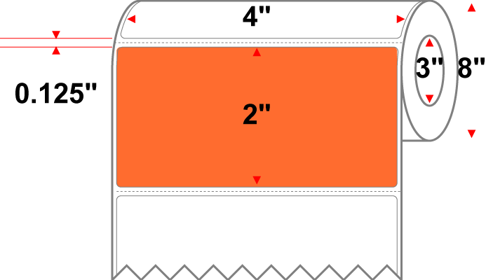 4 X 2 Premium Paper Direct Thermal Label - Perforated - PMS 021 Orange 21 - 8" Roll - Permanent