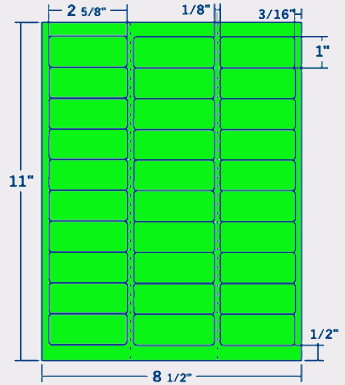 2.625" X 1" Laser/Inkjet Label-30 Per Sheet, 100 Sheets Per Pack, Fluorescent Green, Permanent