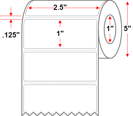 2.5 X 1 Premium Paper Direct Thermal Label - Perforated - White - 5" Roll - Permanent