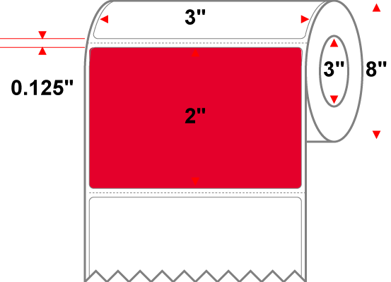 3 X 2 Premium Paper Direct Thermal Label - Perforated - PMS 185 Red 185 - 8" Roll - Permanent