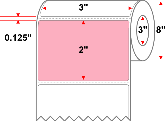 3 X 2 Premium Paper Direct Thermal Label - Perforated - PMS 1767 Pink 1767 - 8" Roll - Permanent