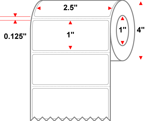 2.5 X 1 Premium Paper Direct Thermal Label - Perforated - White - 4" Roll - Permanent