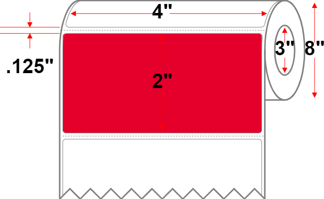 4 X 2 Premium Paper Thermal Transfer Label - Perforated - Red 185 - 8" Roll - Permanent