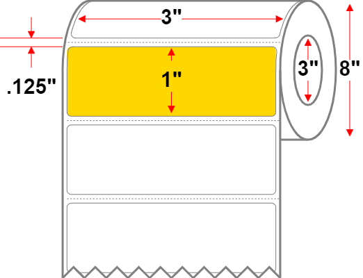 3 X 1 Premium Paper Direct Thermal Label - Perforated - Yellow Pantone Yellow - 8" Roll - Permanent