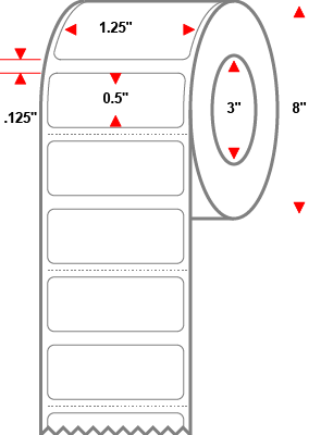 1.25 X 0.5 Premium Paper Thermal Transfer Label - Perforated - White - 8" Roll - Permanent