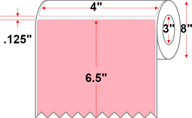 4 X 6.5 Premium Paper Thermal Transfer Label - Perforated - Pink 176 - 8" Roll - Permanent