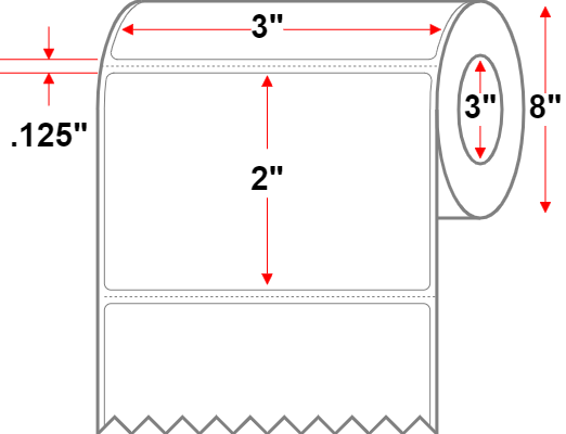 3" X 2" Inkjet Label - Perforated - High Gloss - White - 8" Roll - All-Temp