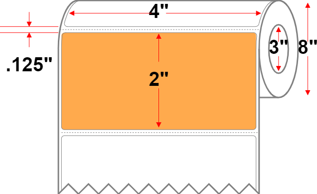 4 X 2 Premium Paper Thermal Transfer Label - Perforated - FL Orange 804 - 8" Roll - Permanent