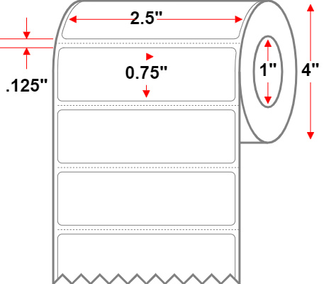 2.5 X 0.75 Premium Paper Direct Thermal Label - Perforated - White - 4" Roll - Permanent