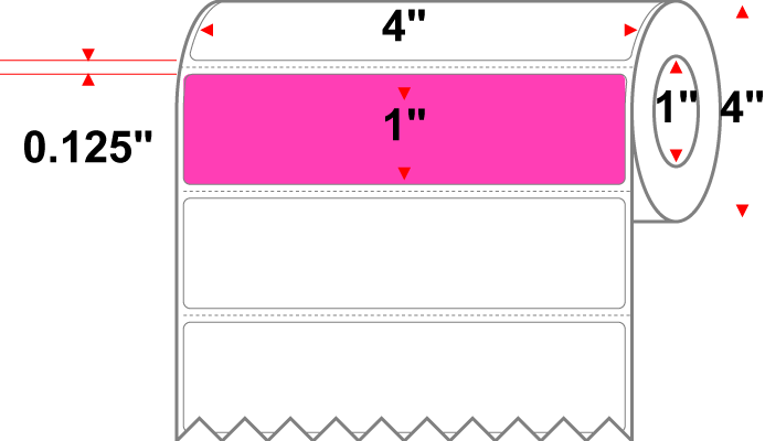4 X 1 Premium Paper Thermal Transfer Label - Perforated - Fluorescent Pink 806 - 4" Roll - Permanent