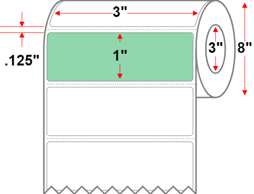 3 X 1 Premium Paper Direct Thermal Label - Perforated - Green 345 - 8" Roll - Permanent